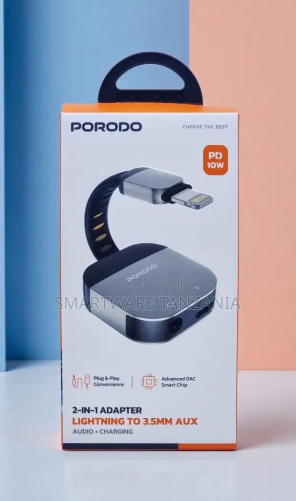 Porodo 2-in-1 Lightning To 3.5mm Aux Adapter 10w Charging in Dar es Salaam, Tanzania