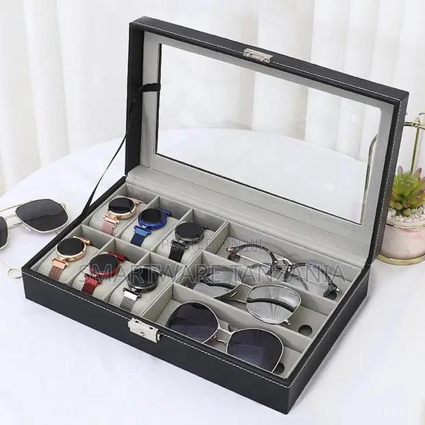 Watch and Glasses Storage Box Pu Leather Clear Lid Black in Dar es Salaam, Tanzania