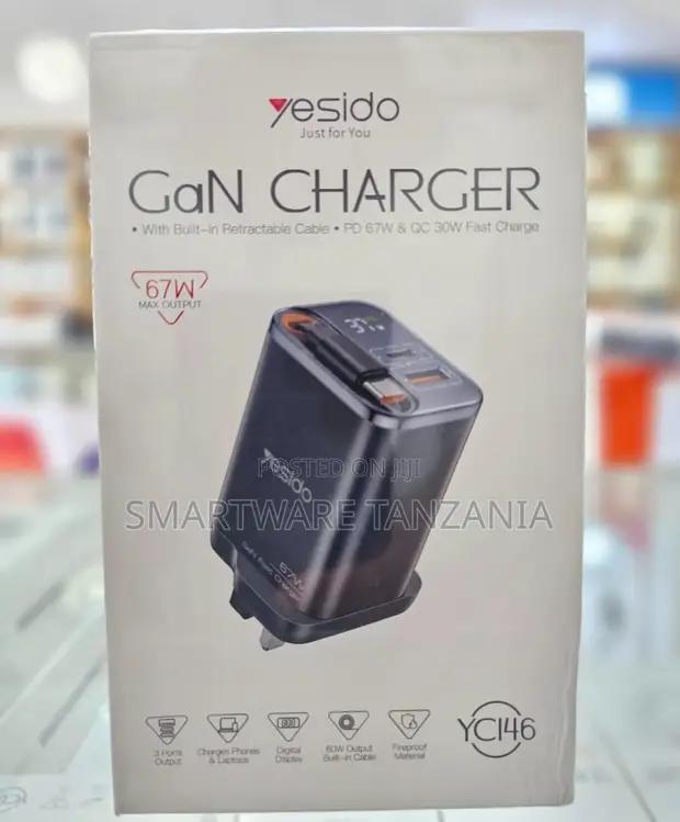 Yesido Yc146 Gan Charger 67w Pd 3 Ports Built-in Cable Display in Dar es Salaam, Tanzania