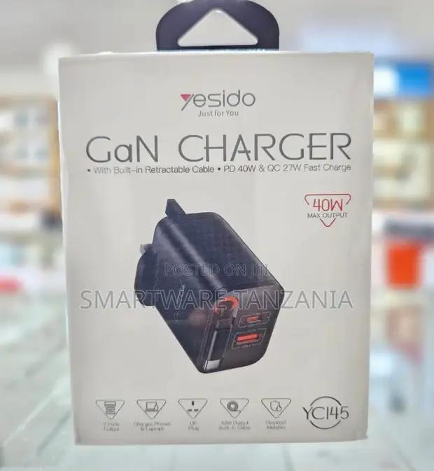 Yesido Yc145 Gan Charger 40w Pd 3 Ports Built-in Cable Uk Plug in Dar es Salaam, Tanzania