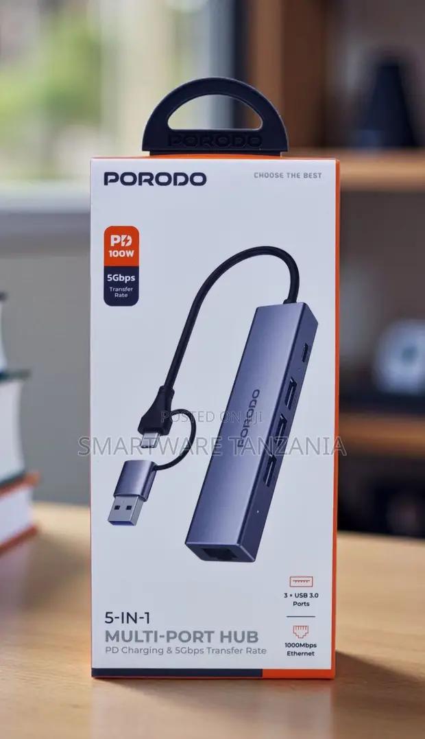 Porodo 5-in-1 Usb-c Hub Usb 3.0 Pd 100w Gigabit Ethernet in Dar es Salaam, Tanzania